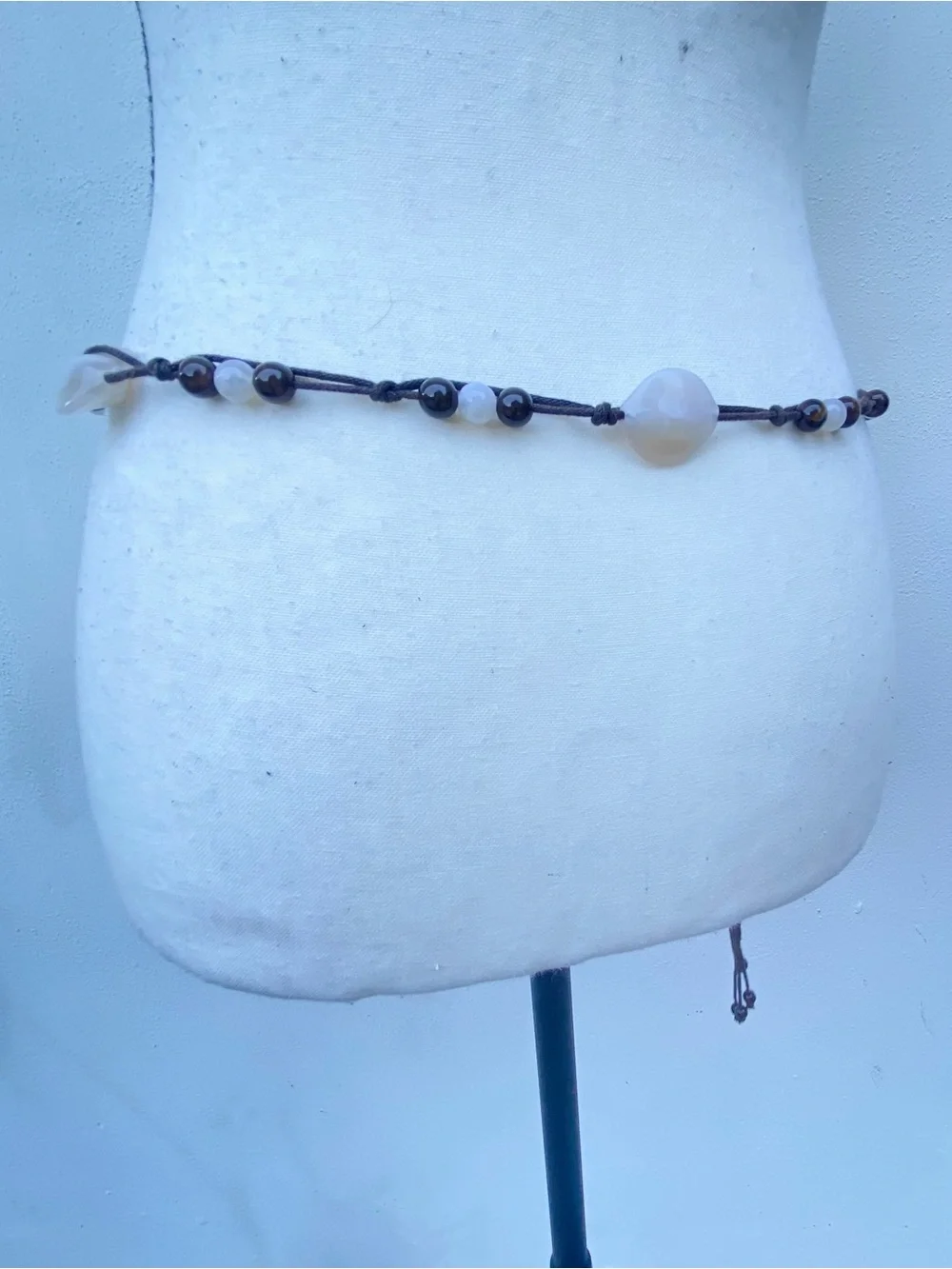 Y2K Cream Stone & Brown Bead Rope Belt One Size